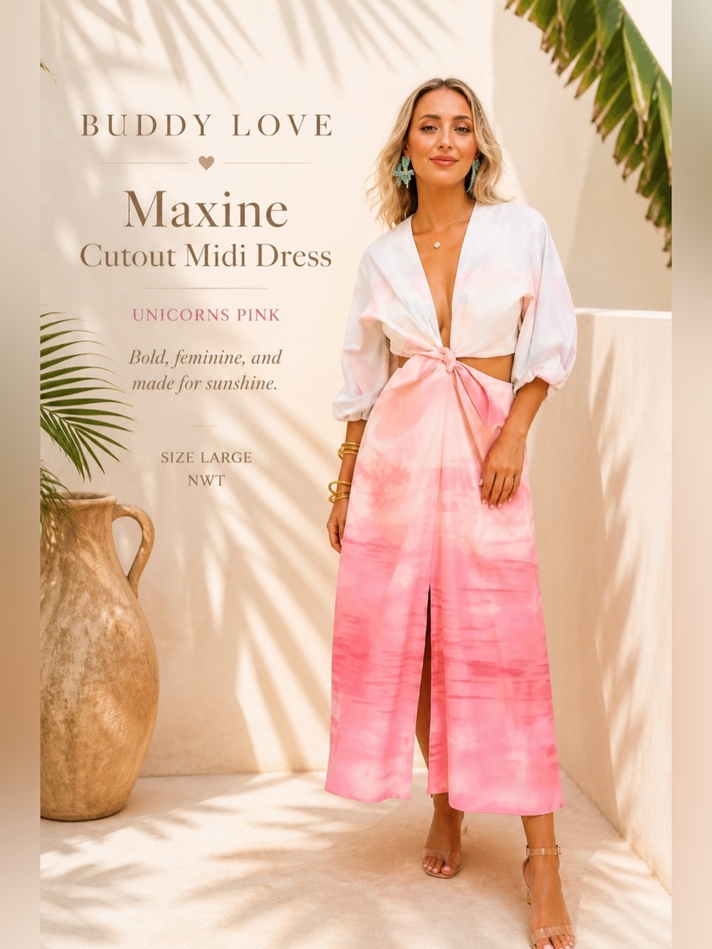 Buddy Love Maxine Cutout Midi Dress Unicorns Pink Size Large NWT